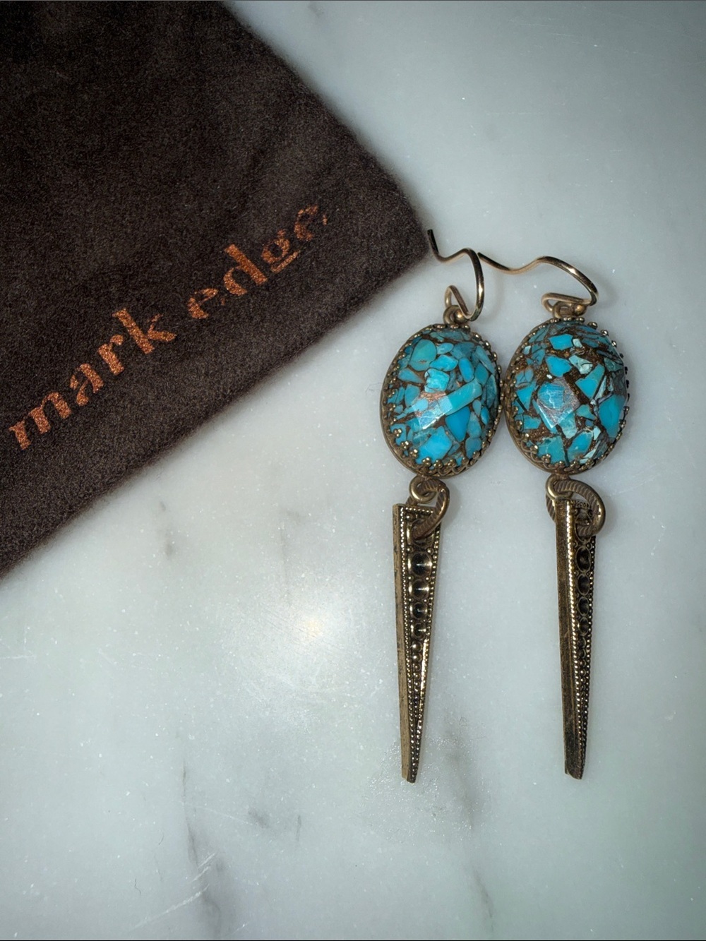 Mark Edge Earrings with turquoise mosaic pattern and gold tone spike drops.